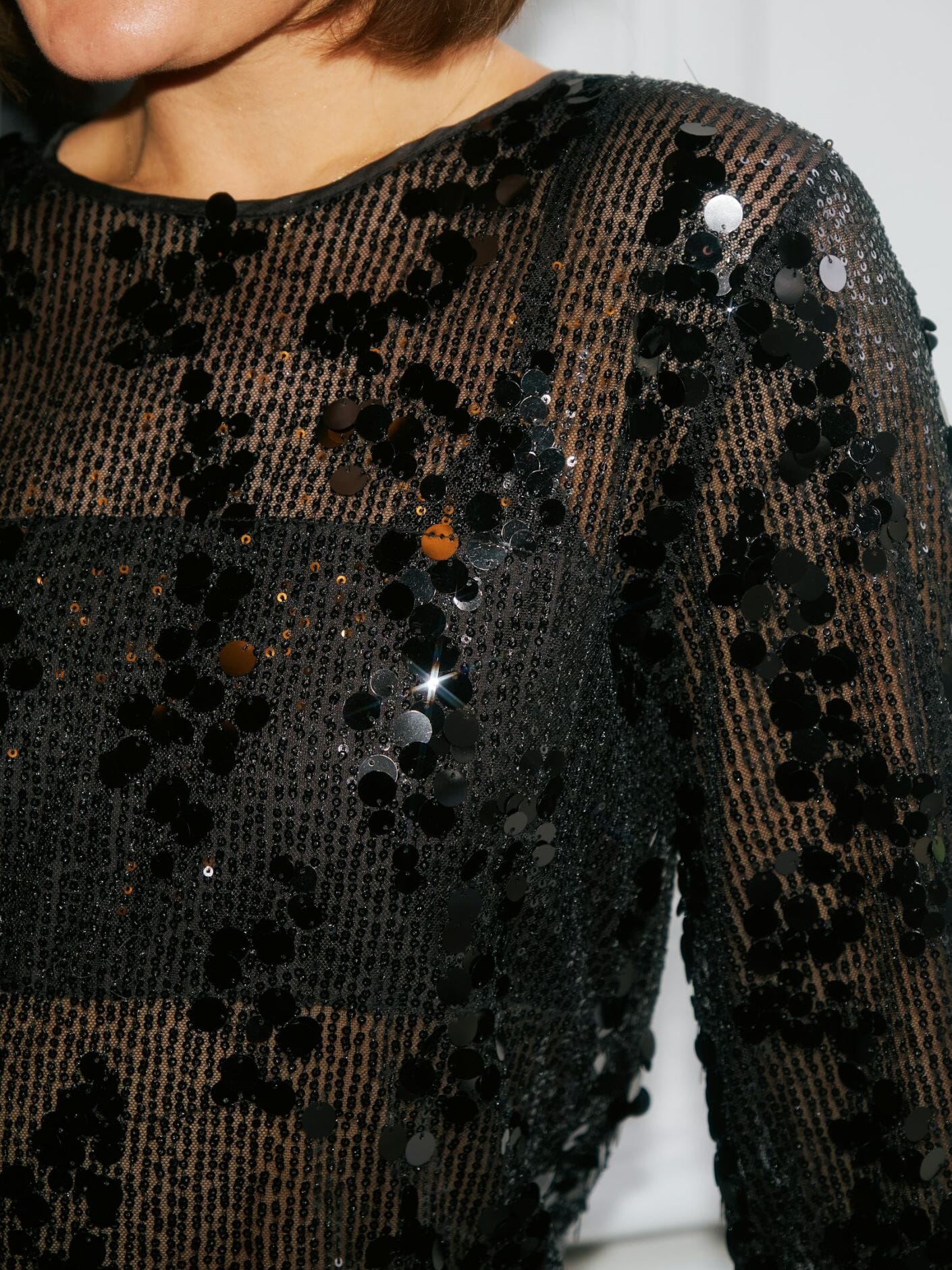 Neo Noir Blake Black Sequin Blouse – Sheer Mesh Long Sleeve | Women