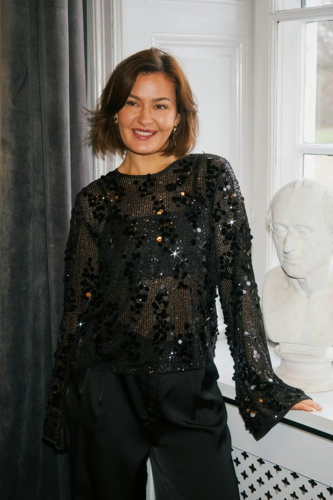 Neo Noir Blake Black Sequin Blouse – Sheer Mesh Long Sleeve | Women