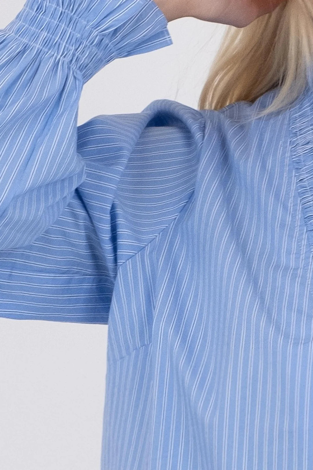 Neo Noir Brielle Stripe Light Blue Shirt – Ruffle Collar Smocked Cuffs | Women