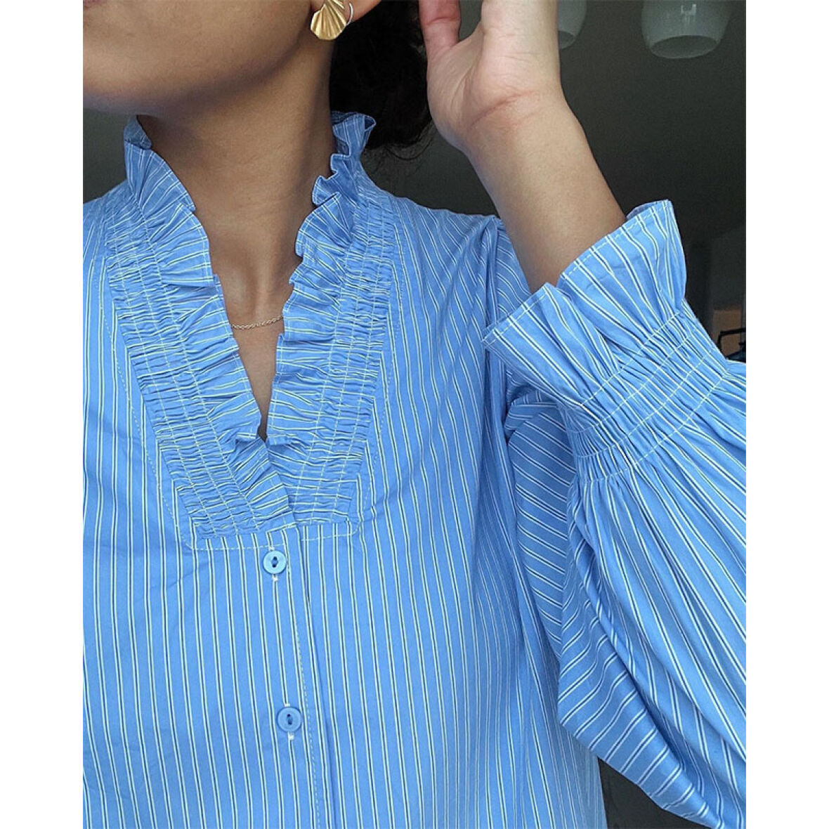 Neo Noir Brielle Stripe Light Blue Shirt – Ruffle Collar Smocked Cuffs | Women