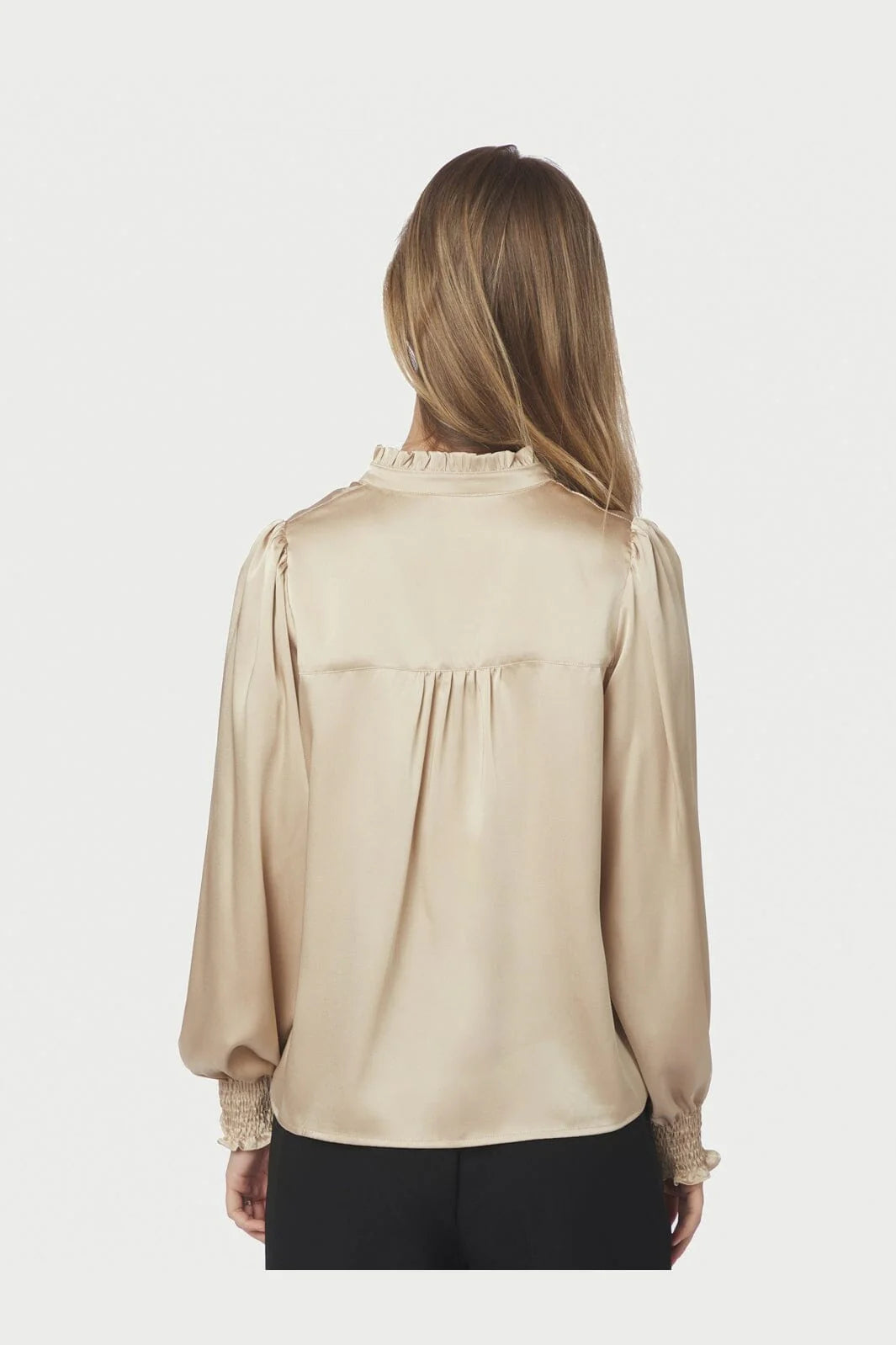 Neo Noir Zamola Sand Satin Ruffle Front Blouse – Smocked Cuffs | Women