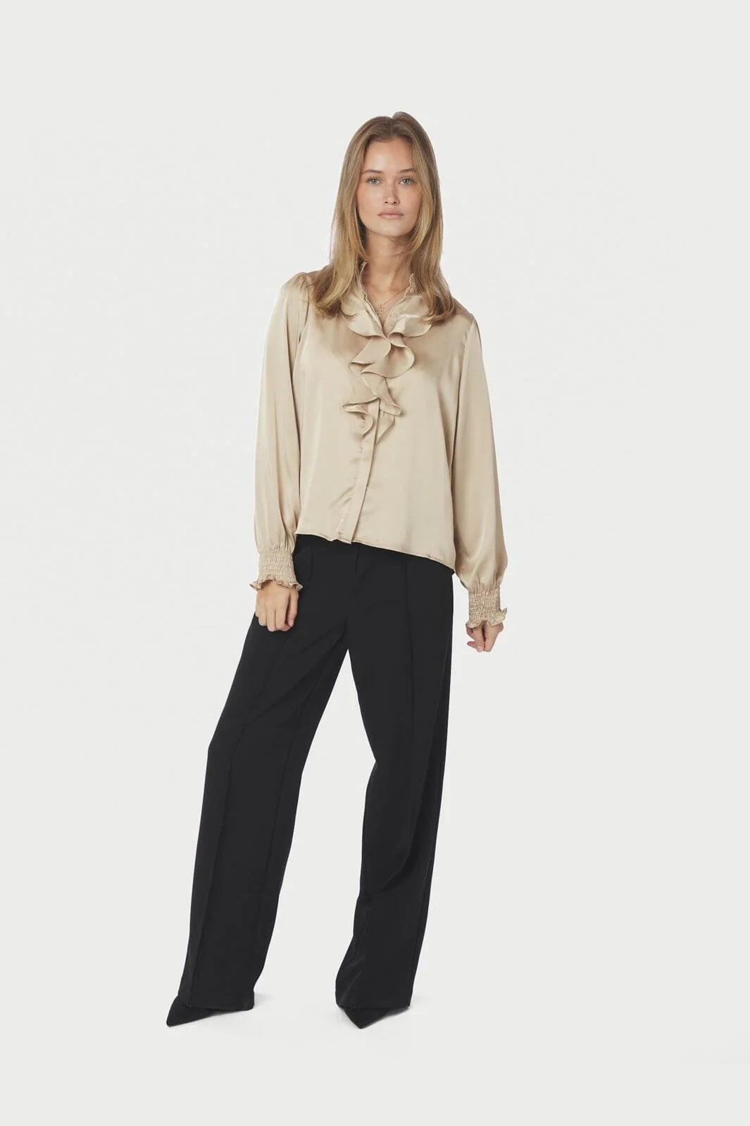 Neo Noir Zamola Sand Satin Ruffle Front Blouse – Smocked Cuffs | Women