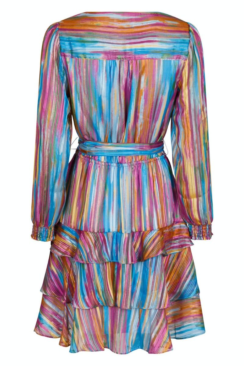 Neo Noir Dennie Blurred Stripe Rainbow Mini Dress – Tiered Ruffle Wrap Belt | Women