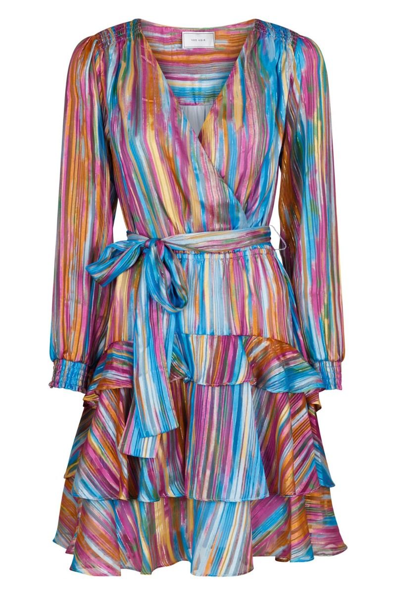 Neo Noir Dennie Blurred Stripe Rainbow Mini Dress – Tiered Ruffle Wrap Belt | Women