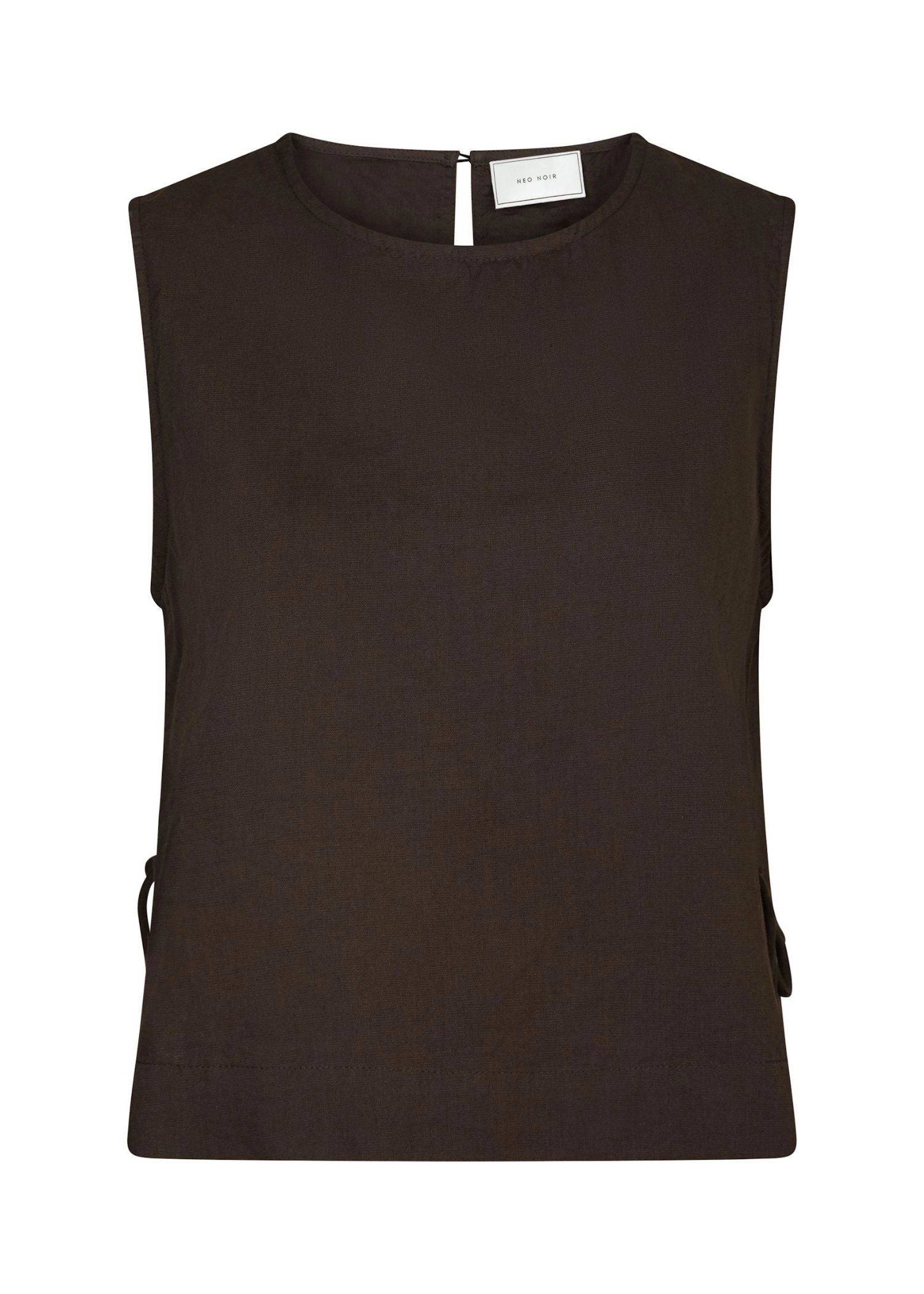 Neo Noir Svetlana Dark Brown Linen Crop Top – Side Tie Round Neck Sleeveless | Women