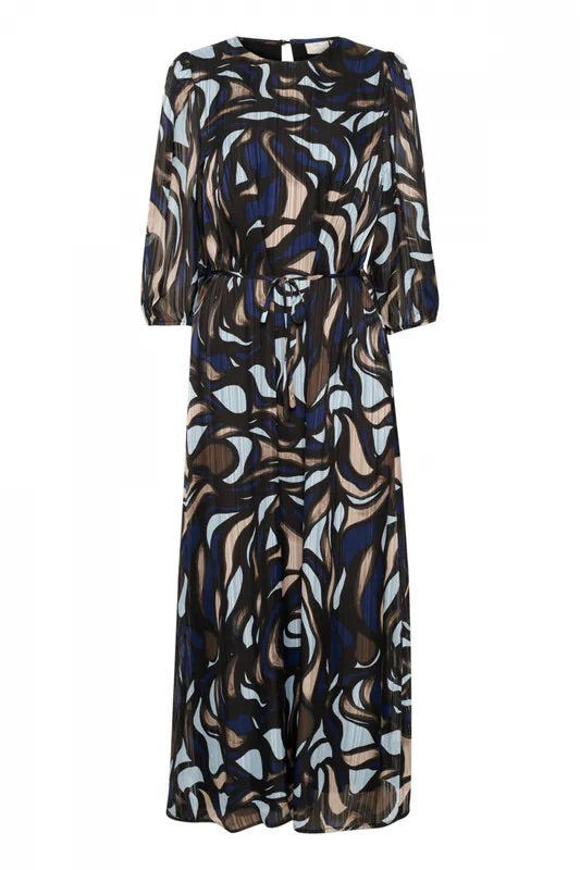 Kaffe Curve KCMarga Blue Grey Abstract Graphic Maxi Dress – Round Neck Tie Waist 3/4 Puff Sleeves | Women