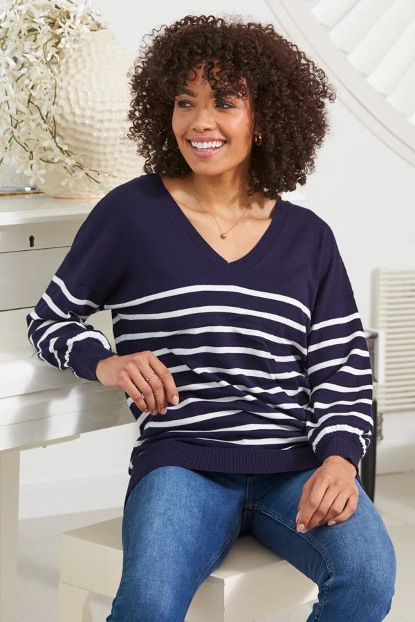 b.young Navy & White Stripe V-Neck Sweater