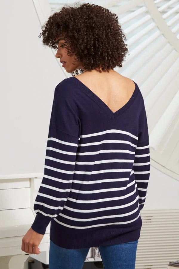 b.young Navy & White Stripe V-Neck Sweater